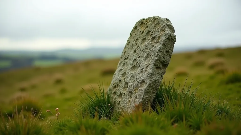 Ancient standing stone amid grassy field with earthwork formations visible in background at archaeological site
