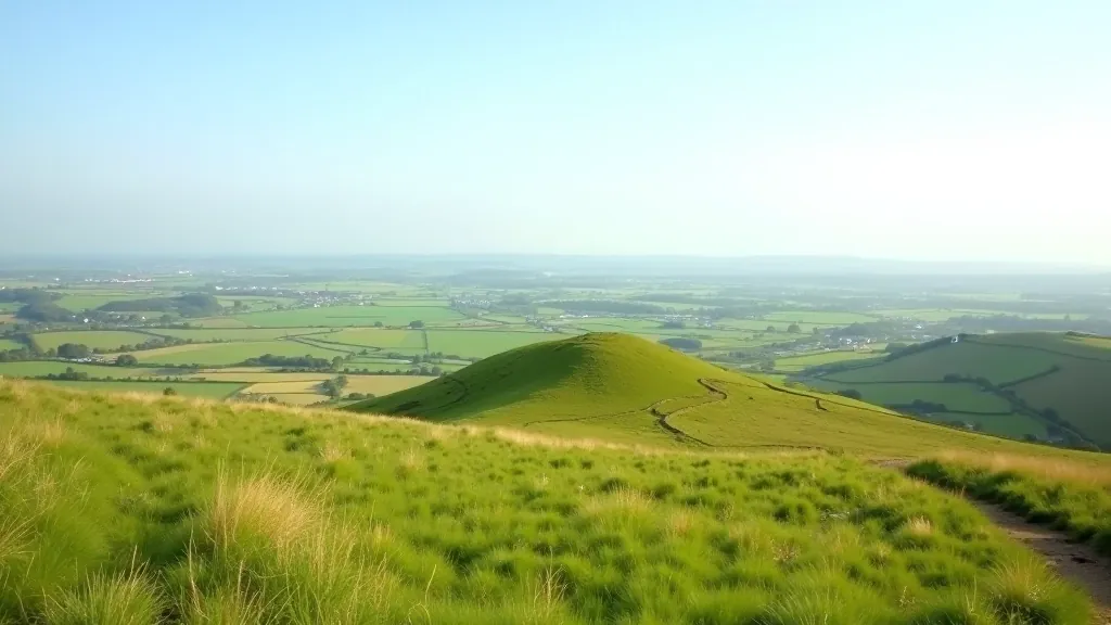 Expansive landscape view from hilltop showing rolling countryside, multiple mounds, and ancient structures across fields
