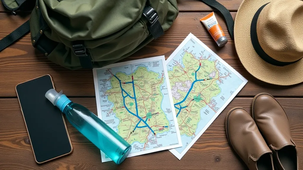 Close-up of packed backpack with water bottle, map, and sun hat on wooden table, morning light