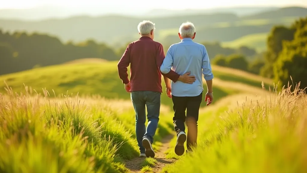 Mature couple walking together on a gentle outdoor path through green landscape