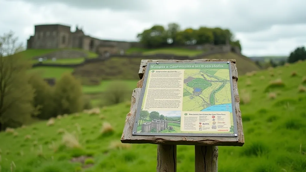 Outdoor heritage site with parking area and visitor facilities visible