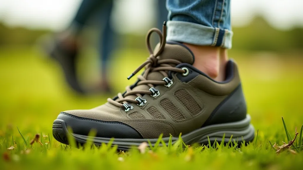 Pair of walking shoes with cushioned sole and ankle support, displayed on grassy ground