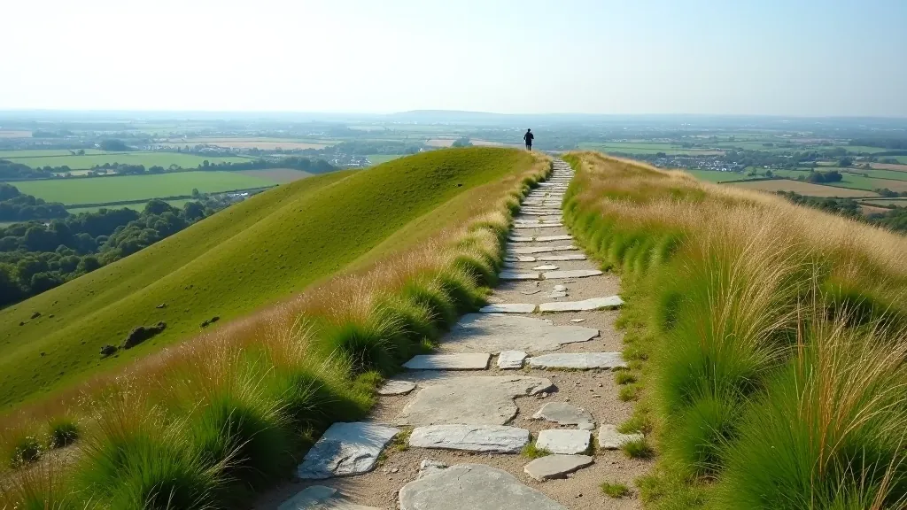 Stone pathway climbing gradually through grassy slopes with historical markers visible and expansive views of rolling countryside