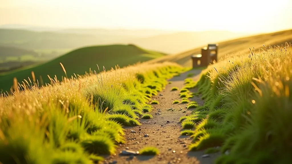 Well-maintained grass walking path winding around ancient ramparts with benches visible in the distance and countryside views beyond the hillfort